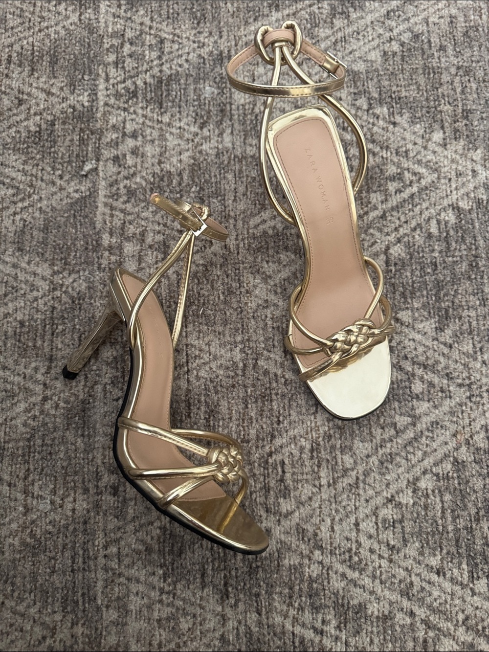 Zara Metallic Gold Braided Strap Stiletto Sandals